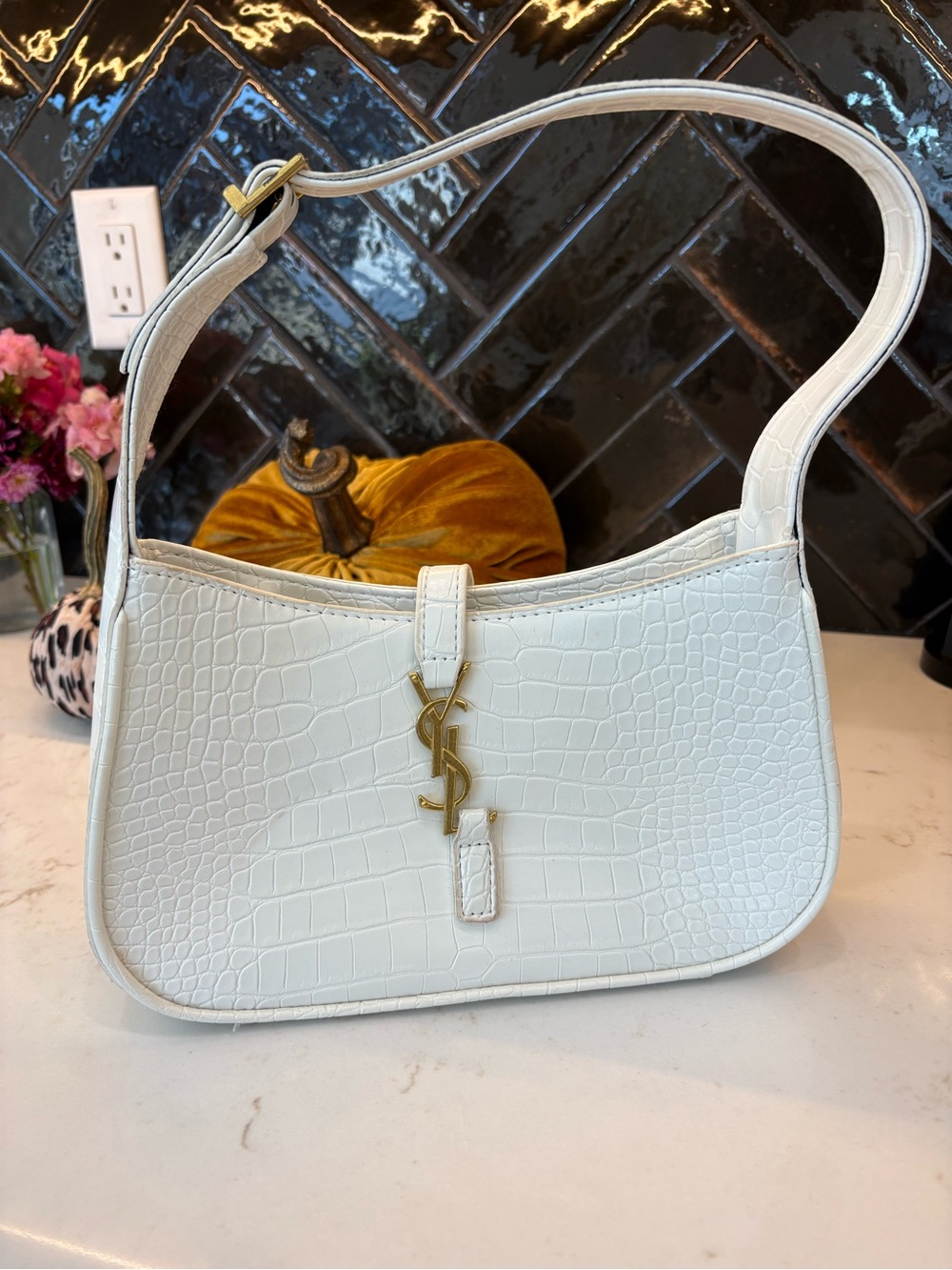 Saint Laurent White Croc-Embossed Shoulder Bag with Gold YSL Logo
